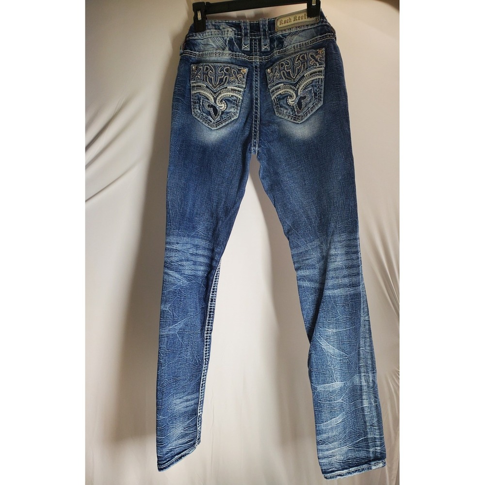 Rock Revival Skinny Jeans Medium Wash Embellished Pockets Blue Denim 27x 32.5